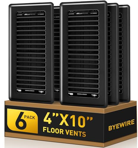 Floor Register 4x10, Floor Vent Covers for Home Floor, Sidewall, Heavy Duty Steel Walkable Floor Grates, Adjustable Air Vent Covers Rust Proof Finish, 4 x 10'' Floor Vent, 6 Pack, Black