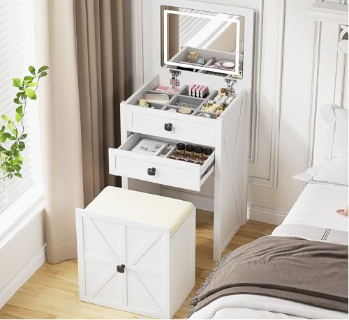 FREDEES 3-in-1 Schminktisch mit Spiegel und Sanfter Beleuchtung | Kleine Schminkkommode, Platzsparende Schminkkommode mit Stauraum und Gepolstertem Hocker, Schminktisch