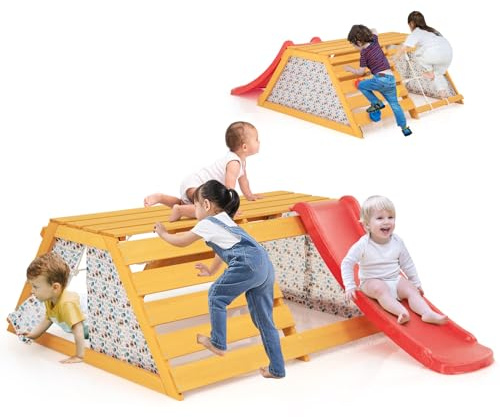 COSTWAY Toddler Climbing Frame, 5 in 1 Wooden Climber Toys with Slide, Rock Climbing Wall, Indoor Montessori Play Gym for Kids 3-8 Years Old