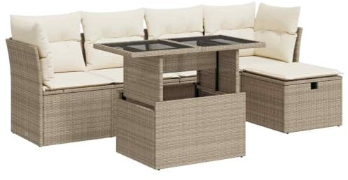 vidaXL 6-TLG. Garten-Sofagarnitur mit Kissen Beige Poly Rattan, Outdoor Sofa Set, Outdoor Sofagarnitur, Garten-Lounge-Set, Garten Sofagarnitur