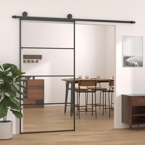 IKAYAA Porta Scorrevole in Vetro Porta Scorrevole Interno Muro in Alluminio e Vetro ESG per Bagno Cucina Studio-Nero-102.5 x 205 cm-Tipo 2