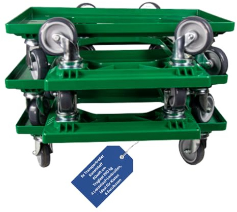 BADfabrik24 Transportroller Kunststoff 60x40 cm Grün, 5 Stück – 4 Leichtlauf-Lenkrollen, Traglast 250 kg – ideal für Kisten & Euroboxen, stabile Transporthilfe