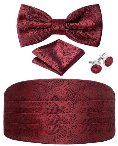 JUNMEISI Paisley Cummerbund and Bow Tie Set Adjustable Formal Men's Red Cumberbund Tuxedo Bowtie Cufflinks Set & Pocket Squares