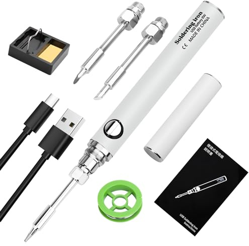 Cordless Soldering Iron Kit, USB Battery Soldering Iron with 3 Temperature Adjustable 330℃-450℃, 3 Soldering Tips, Mini Stand, Soldering Wire, Professional Safe Complete Solder Iron - White