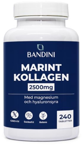 Bandini® Marint Kollagen med Hyaluronsyra - 240 Tabletter - 2500 mg kollagenhydrolysat per dos - med Magnesium, Koenzym Q10, Vitamin C, Biotin, Zink och Vitamin A - Marine Collagen för Leder & Hud