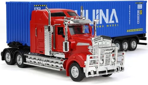 SHINESIGNAL Container Semi Truck Toys, 1/50 for Kenworth W900 Big Metal Transport Box Diecast Truck Trailer Model Toy Gifts for Boys Adult Car Collector- Blue
