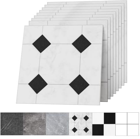 Revêtement de sol PVC autocollant 30x30 cm Aspect carrelage Imperméable et durable Pour salon, cuisine, salle de bain, balcon Noir et blanc 50 carreaux 4,5 m²