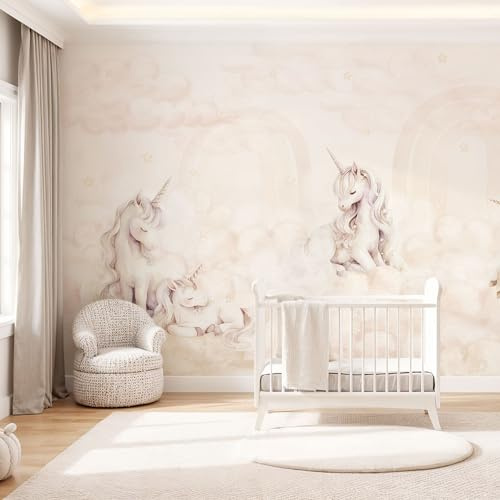 UNIK Nordic Kindertapete Einhorn 250 x 250 cm – Zauberhafte Vliestapete für Mädchenzimmer – Traumhafte Wanddeko mit Regenbogen & Wolken in Pastell – Magische Einhornwelt fürs Kinderzimmer