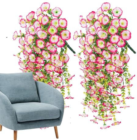 Falska petunior – 2 x falska petunior silkesblommor, simulerade UV-beständiga väderbeständiga färgglada växter för kruka trädgård uteplats gångväg fönsterlåda planterare