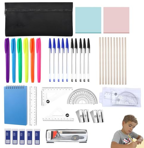 42 Pcs School Stationery Set, Pencil Case with Stationery Included, School Supplies Maths Sets for Secondary School with Protractor and Compass Set Pen Notebook Sticky Note Rubber Sharpener