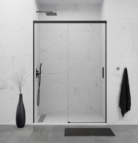 Mamparas para Ducha Frontal Fija y Corredera | Mampara de Cristal para Ducha 6 mm Antical Sin Perfil Inferior | Manpara para Baño Aluminio Premium – 145-150 cm - NEGRA