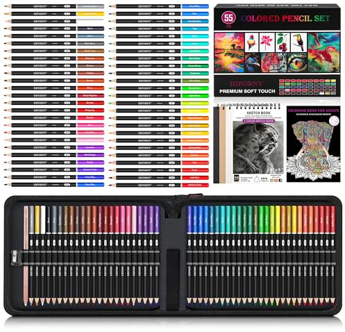 HIFORNY Juego de 55 lápices de colores para adultos – 50 lápices de colores de núcleo suave con cuaderno de bocetos, libro para colorear, difuminador, sacapuntas y tabla de colores – en caja de regalo
