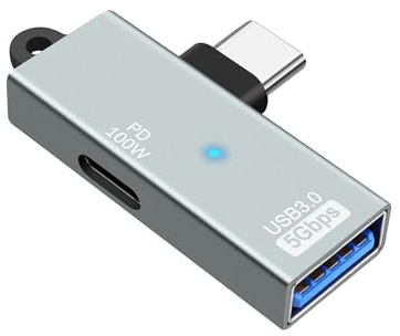 MEIRIYFA USB C to USB 3.0 2 in 1 OTG Adapter, Right Angle USB Type C Male to USB C Female + USB 3.0 Female 5Gbps Converter with PD 100W Power Charging Port for Laptop Tablet Phone