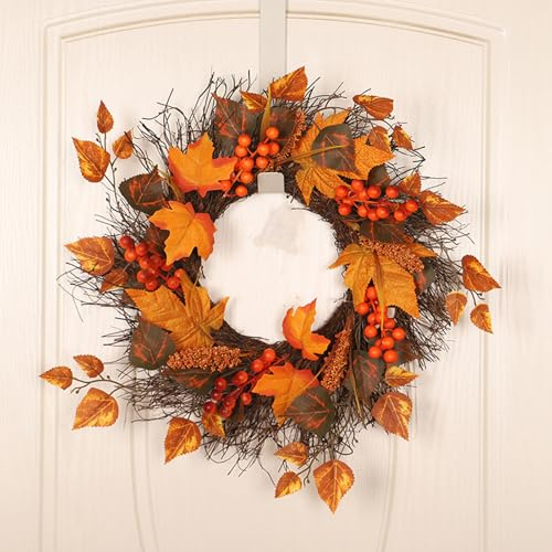 Autumn Wreath for Front Door, 45cm Artificial Maple Leaf Berries Wreath, Autumn Harvest Wreaths for Fall Thanksgiving Halloween Decorations