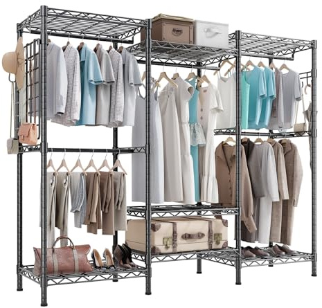 HOKEEPER Penderie portable, tringle à vêtements robuste, tringle autoportante, étagères de placard réglables, 177 cm L x 43 cm l x 193,5 cm H, charge maximale 725 kg, noir