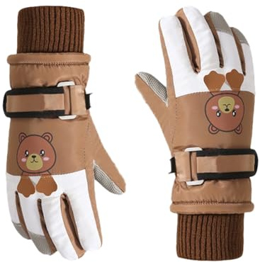 BrightGlow Skidhandskar för barn, vindtäta, pekskärm, handskar, tecknade barnhandskar, vinterhandskar, utomhus, cykling, handskar för 4–12 år, flickor, pojkar, BRUN, One size