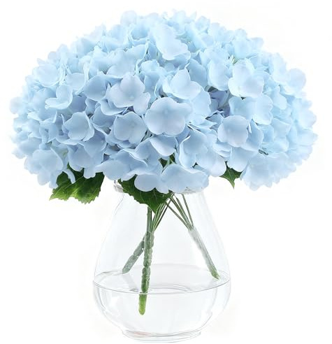 AMLUCKS Hortensias artificiales de seda, 15 cabezas, tacto real, hortensias artificiales con tallos de flores para ramos de boda, fiestas, decoración del hogar (3, azul claro), 3 unidades