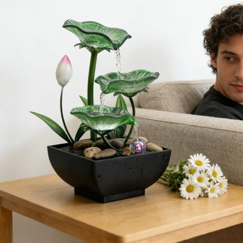 AOZITA Tabletop Water Fountain,3-Tier Green Glass Lotus Leaf Zen Fountain,Indoor Water Feature with LED Bead,Lotus Bud,for Home Office Bedroom Decor,Relaxing Water Sound,Feng Shui Decor