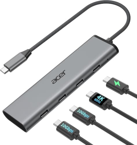 Acer 10Gbps USB C Hub with 4K@60Hz USB-C Display Output, 4-Port USBC Splitter with 100W PD, 2*USB-C 3.2 Data Transfer, USB C Dongle for Laptop, MacBook Neo/Pro/Air, iPad Pro and Type-C Devices