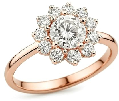 Ring Damen Cool, Freundschaftsringe Freundinnen Blume mit Moissanit 18K Rosegold Größe 45 (14.3)