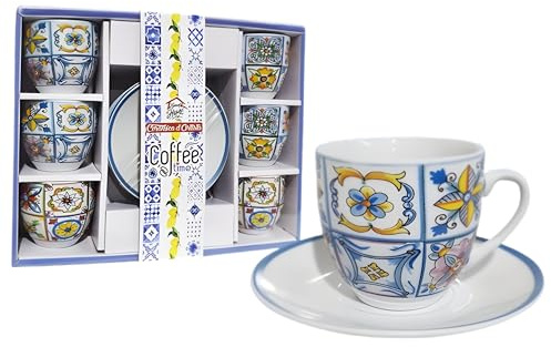 Servizio Set 6 Tazzine Da Caffè 90cc Con 6 Piattini Shabby Decorazioni Maioliche Costiera 12 Pezzi Ceramica