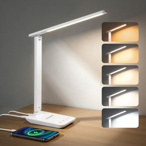 YAMYONE Schreibtischlampe LED, Tischlampe Dimmbar, Eye Caring Foldable, Desk Lamp mit 5 Helligkeitsstufen, Tischlampemit USB Ladeanschluss Touch Steuerung für Kinder, Schlafzimmer, Lektüre, Büros