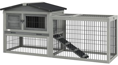 PawHut Conigliera da Esterno in Legno di Abete con Rampa, Tetto Apribile e Vassoio, Gabbia per Conigli 150x52x68 cm Grigio Chiaro
