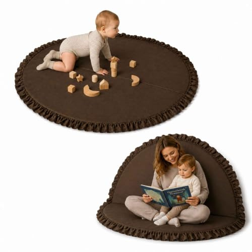 Liya's World Baby Spielmatte Rund, Braun, mit Rüschen | Ø 154cm, Faltbare Krabbelmatte/Babymatte, Aus Samt, Für Kinderzimmer & Babyzimmer, Waschbar & Gepolstert