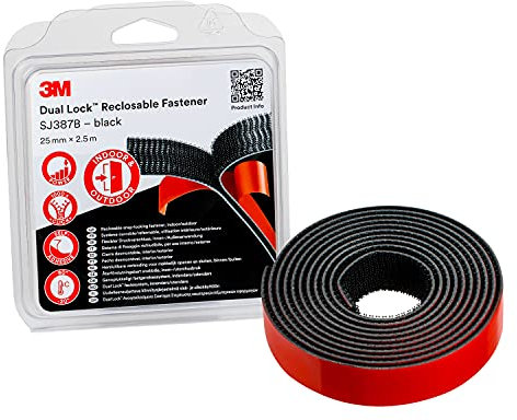 3M Sistema Di Fissaggio Richiudibile Dual Lock Sj387B - Ottima Adesione Su Vernici A Polvere, Metalli, Vetro, Legno, Acrilico, Policarbonato, Abs - 25Mm X 2.5M, 6.1Mm, Nero (1 Pezzo)