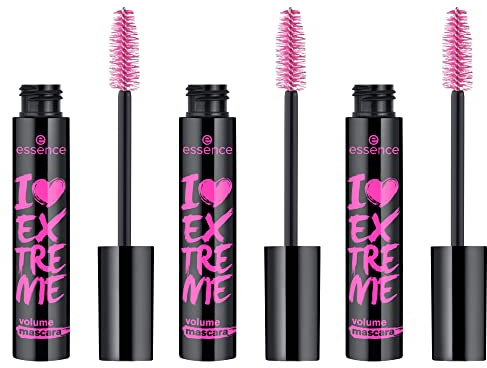 essence I LOVE EXTREME volume mascara, Nr. 01, Schwarz, volumengebend, schwunggebend, verlängernd, vegan, ohne Mikroplastikpartikel, Nanopartikel frei, ohne Parfüm, 3er Pack (3x12ml)