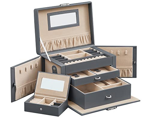 SONGMICS Scatola Portagioie a 3 livelli, Porta Gioielli con 2 Cassetti, con Mini Box Portatile da Viaggio, Maniglia, Chiudibile a Chiave, Idea Regalo, PU Grigio Ardesia, Fodera Beige Sabbia JBC121G01