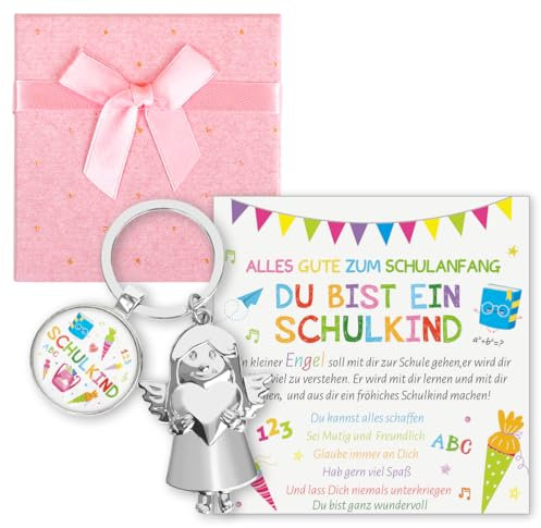 Sprinlot Schutzengel Schulanfang, Schutzengel Schlüsselanhänger mit Karte Einschulung, Schulkind Geschenk, Glücksbringer Schulanfang, Erster Schultag Geschenk für Mädchen und Junge