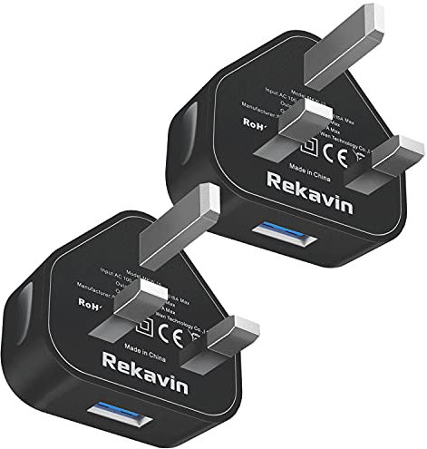 Rekavin Usb Plug 2 Pack, UK Usb Wall Charger Adaptor, Single Port Power Adapter, 5V/1A Charging Socket Fast Charge for iPhone 14/13/12/11 Pro Max/10/Xs/XS Max/XR/X/8/7/6