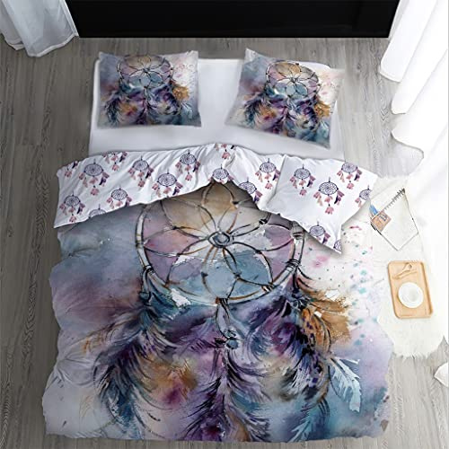 WQIZXCW Traumfänger Bettwäsche 155x220 2er Set, Weiche Microfaser Wendebettwäsche, Federn Dream Catcher Bettbezug Set mit Reißverschluss und 1 Kissenbezug 80x80, Angenehm & Atmungsaktiv