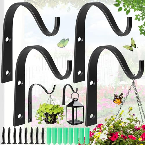 Exbrith 4 Stück Pflanzenhalterung Eisen Wandhaken, Metall Retro-Garten Haken, Hängekorbhalterungen, Gartenhaken aus Eisen, für Blumenkörbe Blumenampeln Laternen Vogelhäuschen Windspiele (Schwarz)