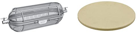 RÖSLE Drehspießkorb, silberfarben & Vario Pizzastein, Hochwertiger Pizzastein aus Cordierit zur Zubereitung von Pizza, Flammkuchen, Brot usw. auf dem Grill oder im Backofen, 30 cm