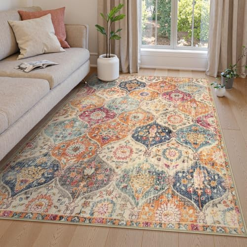 Lahome Moroccan Trellis Washable Area Rugs 5x7, 5x7 Area Rugs for Living Room Bedroom, Indoor Non-Slip Large Oriental Throw Carpet for Kitchen Entryway Bathroom Office Elise, Cream/Multi