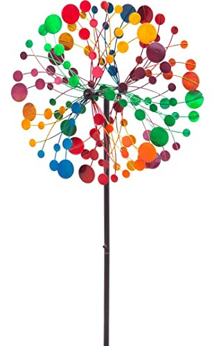 Kinetic Art Windspiel Metall Multi-Colored Kaleidoscope Duett, Ø39 x H122 cm (inkl. Bodenanker), mit Zwei Rotoren für die 3D-Optik, hochwertig Bunte magische Windspiele für den Garten draußen stehend