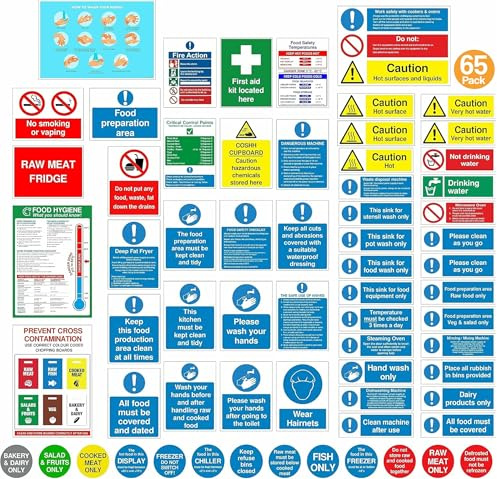 Rubigo Complete Kitchen Safety Signs Set – 65 Self Adhesive Waterproof & Heat-Resistant Stickers – ISO 7010 Compliant – Commercial Kitchen Use – Food Hygiene, Allergy, Fire Action – Bold & Clear (65)