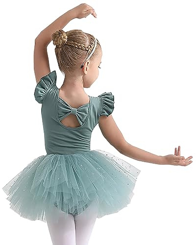 Ragazza Vestito da Balletto Gonne tutù per Ragazze in Tulle a 4 Strati Body per Danza tutù da Balletto Leotard Vestito Ginnastica Manica Corta Ballerina Bambina Body,110, Green