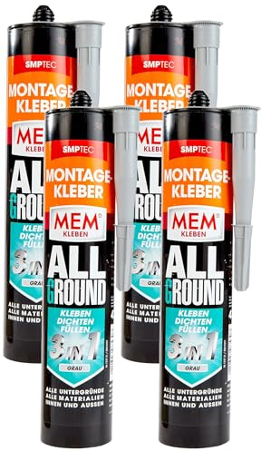 MEM Montage-Kleber Allground 3in1, Zum Kleben, Dichten und Füllen, Grau, Wasser- und UV- beständig, Für fast alle Untergründe, Lösemittelfrei, 430 g Kartusche (Packung mit 4)