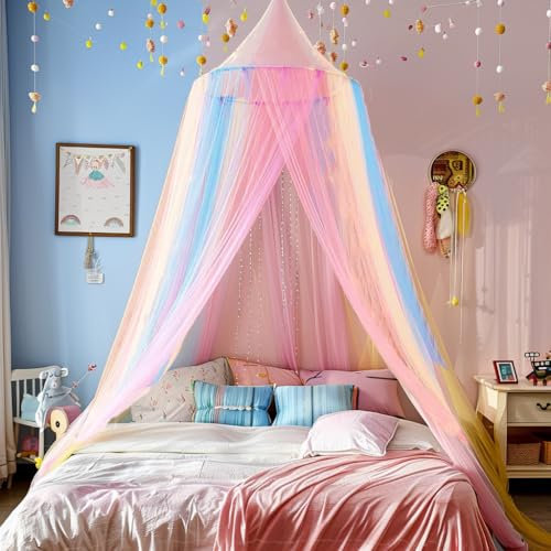 Comtelek Rainbow Bed Canopy, No Punch Installation Bed Canopy for Girls and Boys Mosquito Net for Bedroom Decor Travel Keep away from Mosquitoes
