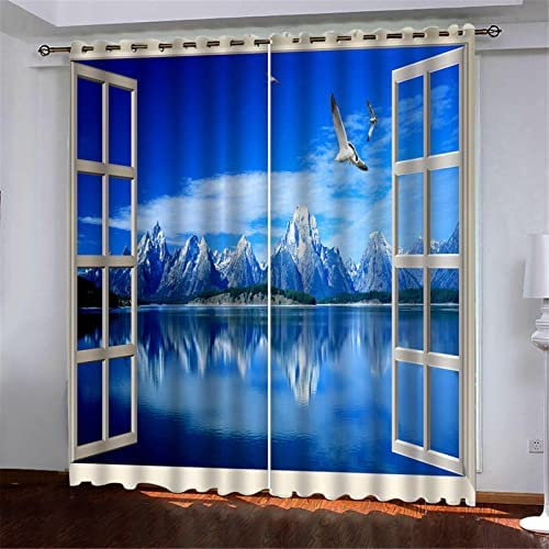 3D Vorhang Bergblick Vor Dem Fenster 220 (B) X 215 (H) cm Blickdichte Vorhänge Schlafzimmer Wohnzimmer Dekoration Isolierung Lärmschutzvorhänge Kinderzimmer Für Hotel-Büro-Restaurant Junge Mädchen Zi