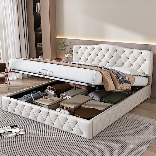 Becag Doppelbett 180x200 cm, Polsterbett mit Stauraum, Bett mit Lattenrost, Höhenverstellbares Kopfteil Betten, Rückenlehne Bett Stauraumbett Funktionsbett Jugendbett, Weiß Kunstleder, Ohne Matratze