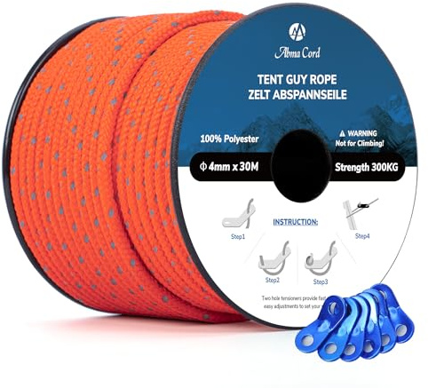 Abma Cord Abspannseile Zeltschnur mit 6 Stück Seilspanner 4mm 30M Zeltseil | Reflektierende, Camping, Zelte, Planen, Rucksackreisen