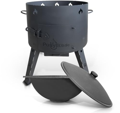 Utschak Feuerofen mit Gusseisen Topf flacher Boden mit Deckel (22 L) KazanoFF, Uchag Feuerofen Gusseisen Kazan Kasan Usbekisch, казан Camping, Gulaschkanone Dutch Oven (Set 22F-6)