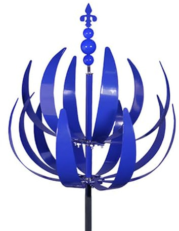 Moulin à vent en forme de lotus bleu | Grandes sculptures cinétiques en métal avec piquet, art de cour, décoration de jardin 98,3 cm