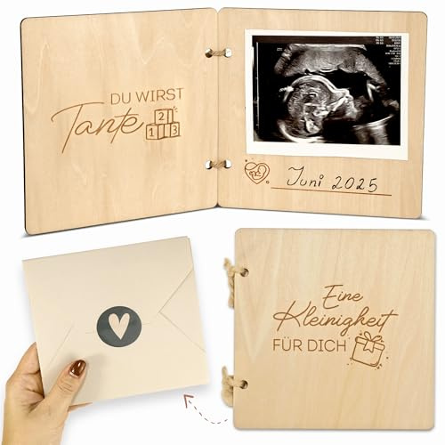 Schwangerschaft verkünden mit Holz-Büchlein | Du wirst Tante | Du wirst Oma | Ihr werdet Oma und Opa | Ultraschallbild einkleben | Baby Verkündung Geschenk für Familie