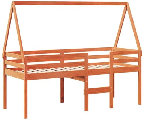 vidaXL Hochbett, Kinderbett mit Dach Leiter Sperrholzlatten, Spielbett für Kinderzimmer, Bett Holzbett Einzelbett, Wachsbraun 75x190cm Massivholz Kiefer