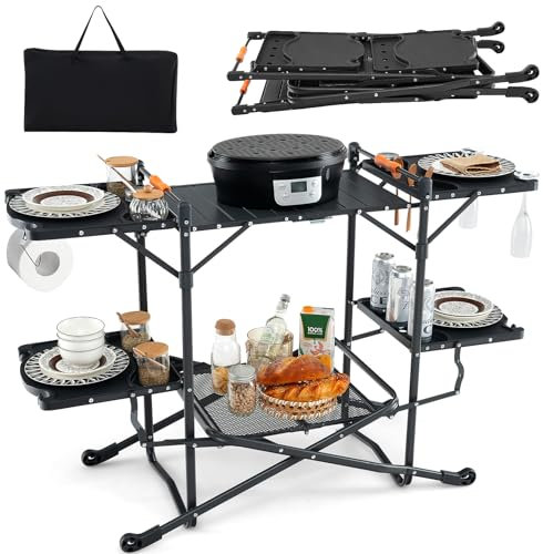 KOMFOTTEU Campingküche klappbar mit 4 Seitentischen, Campingschrank mit Aluminium-Tischplatte, Reiseküche Picknicktisch Esstisch Klapptisch für BBQ, Camping